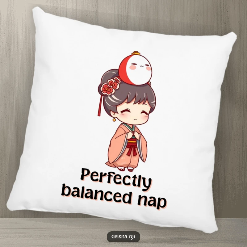 Funny Geisha Pillow: A cute geisha character humorously balances a tiny Daruma doll on her head, providing soft, amusing comfort.