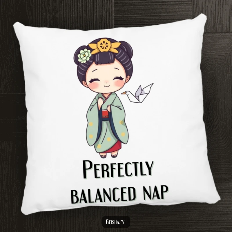 Funny pillow with a playful geisha balancing an origami crane, offering comfort and artistic humor, a great gift.