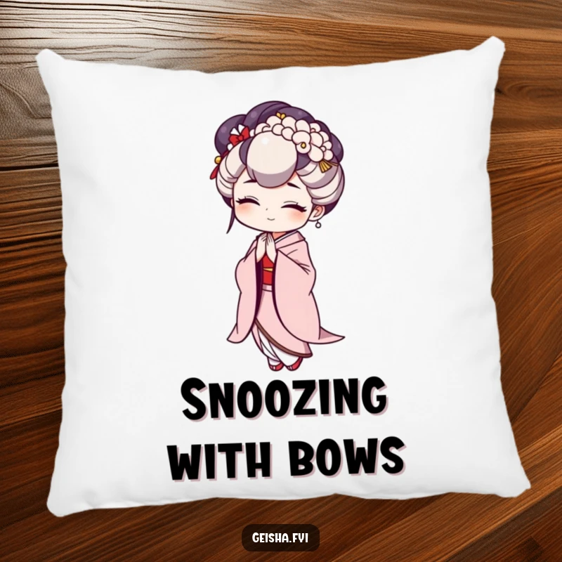 Funny Geisha Pillow decorated with a character in a comically exaggerated bow, adding comfort and humor to any room.