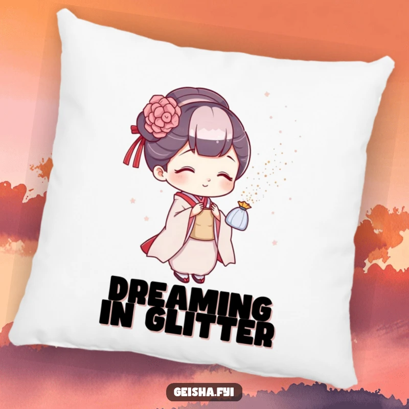 Funny geisha pillow, soft cushion featuring a character playfully sprinkling glitter, perfect for cozy sparkle and humor.