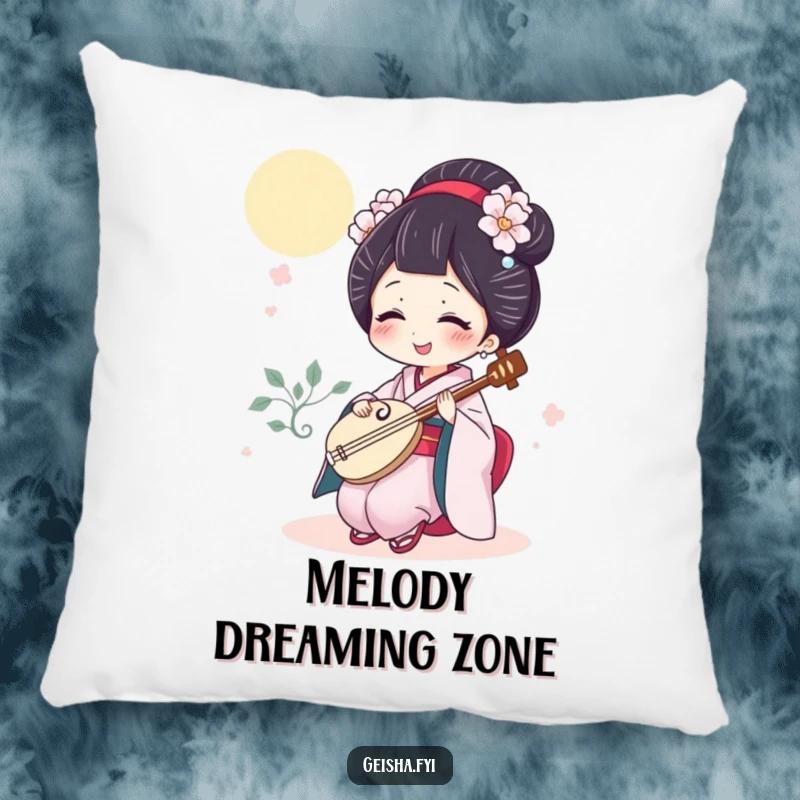 Funny geisha pillow with a giggling character playing a mini shamisen, providing soft comfort and musical amusement.