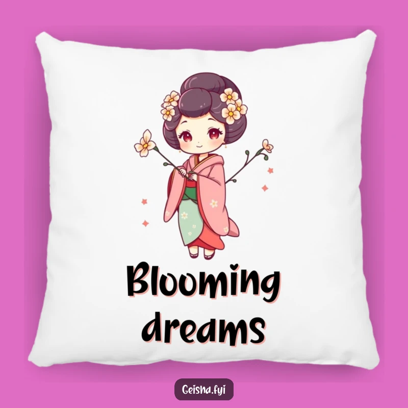 Soft Funny Whimsical Geisha Pillow, Artistic Comfort with Floral Elegance