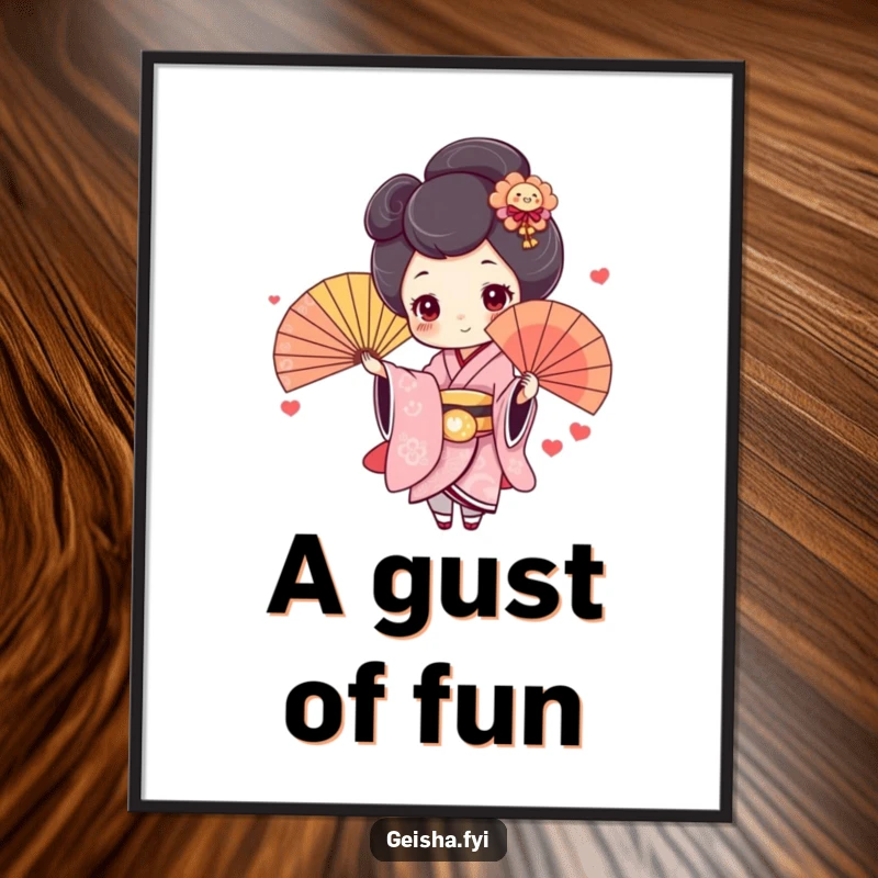 Funny Geisha Digital Print: Cute character with rosy cheeks joyfully throws a colorful fan, downloadable humorous art.