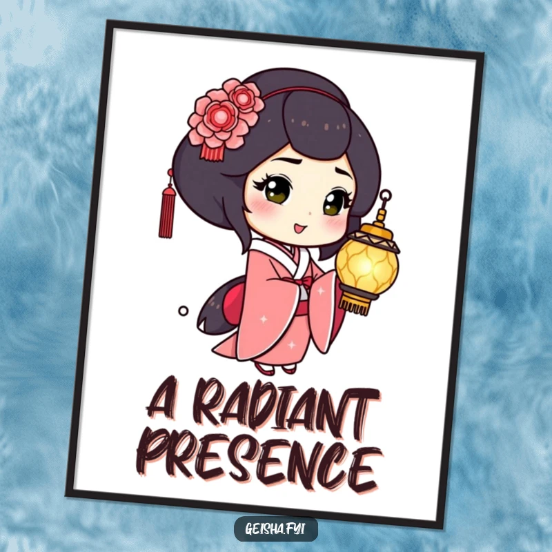 Funny Geisha Digital Print: Playful character winks holding a shimmering lantern, downloadable humorous art.