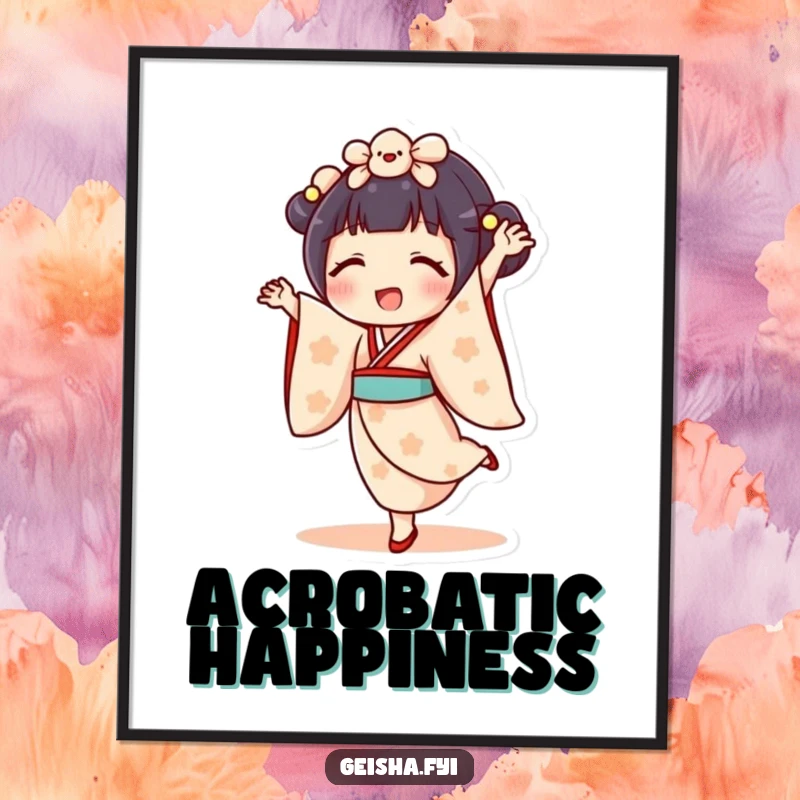 Funny geisha doll digital art print of character doing a cartwheel with a joyful expression. Energetic, humorous, downloadable wall art.