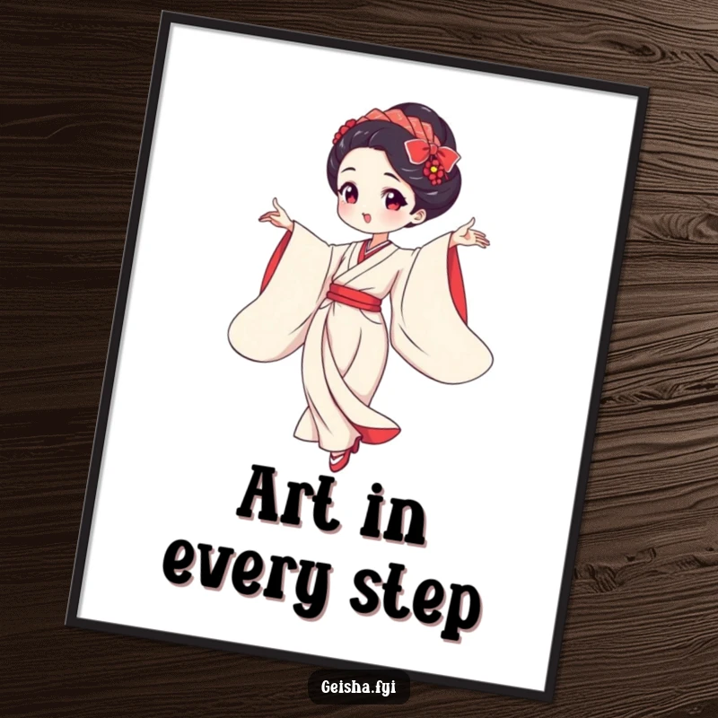 Funny geisha dancing gracefully with flowing sleeves digital art print, elegant illustration, humorous depiction, perfect funny gift.