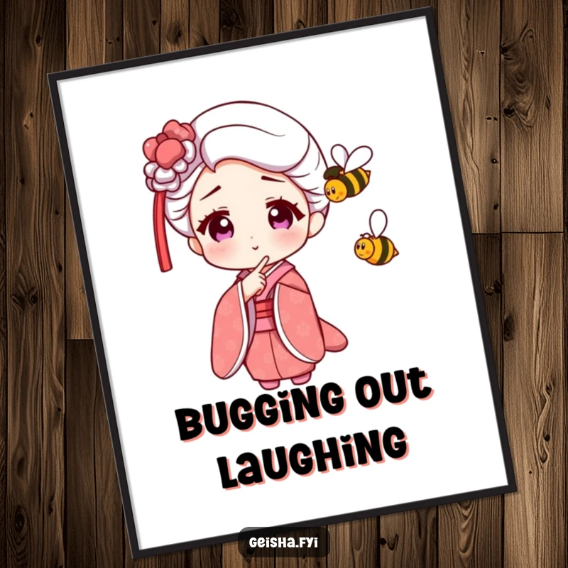 Funny Geisha Digital Art Print of an amused character pointing at a tiny, buzzing bee, ideal for instant decor.