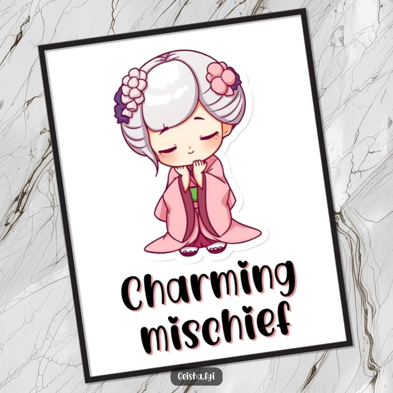 Funny geisha digital art, printable showing a character bowing deeply with a mischievous grin, ideal for instant humorous decor.