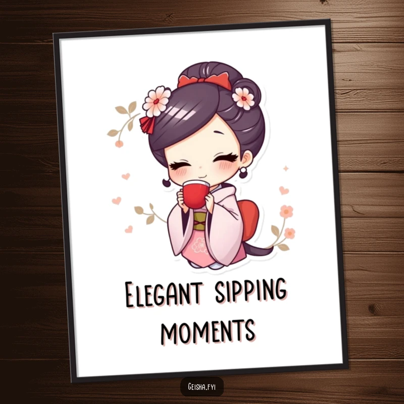 Funny digital art print of a cute geisha character smiling and elegantly sipping tea, ready for instant download.