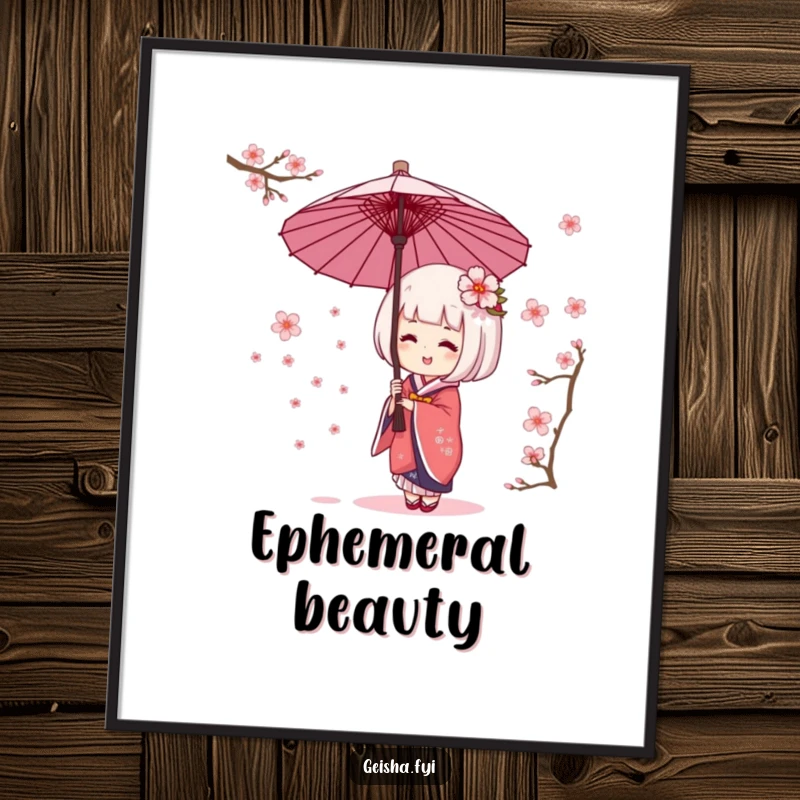 Funny geisha umbrella digital art print of character giggling while catching cherry blossoms. Whimsical, humorous, downloadable wall art.
