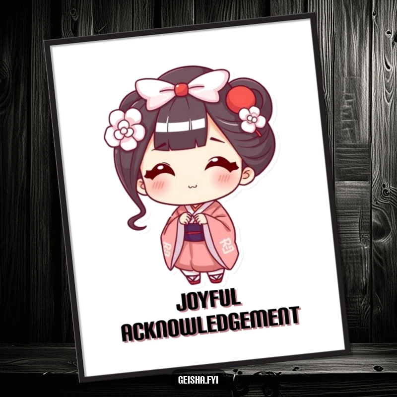 Funny Geisha Digital Art Print: Happy character offers a smiling bow, creating a warm, humorous, and inviting visual.