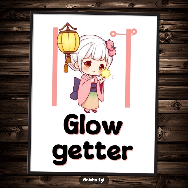 Funny geisha digital art print of a curious character studying a luminous glowing lantern, a humorous and mystical wall art.