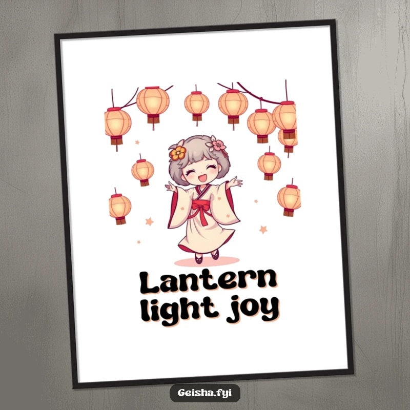 Funny geisha digital art print showing a geisha character joyfully dancing with a cascade of beautiful paper lanterns, downloadable festive artwork.