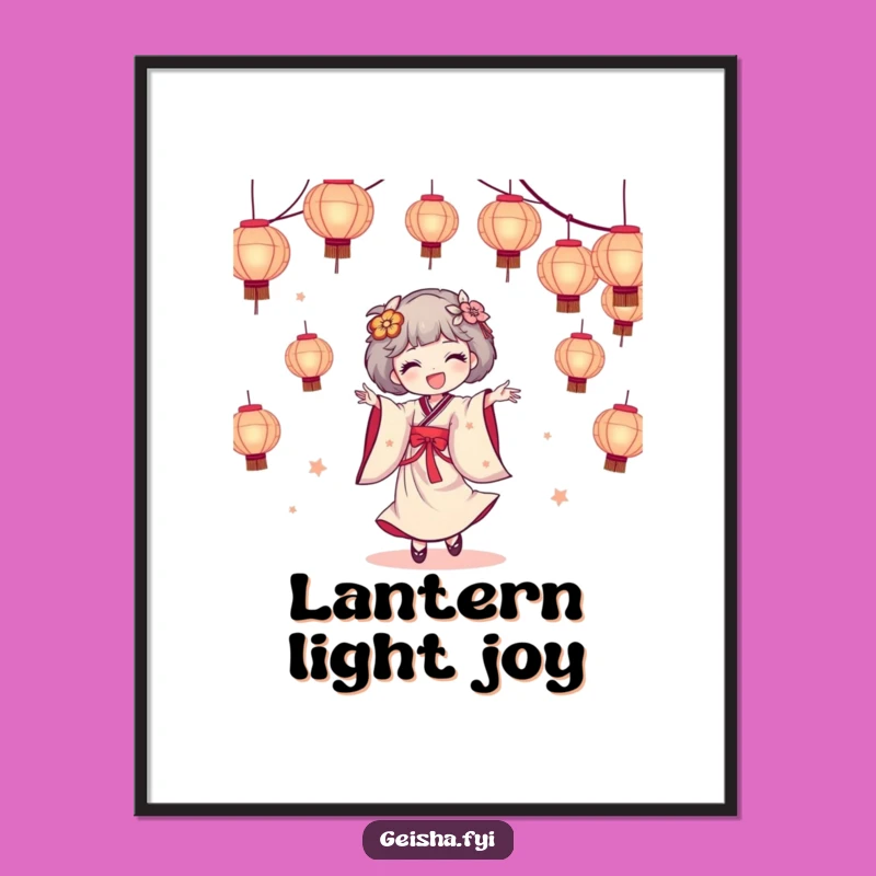 Funny Geisha Digital Art Print - Joyful Lantern Dance Art