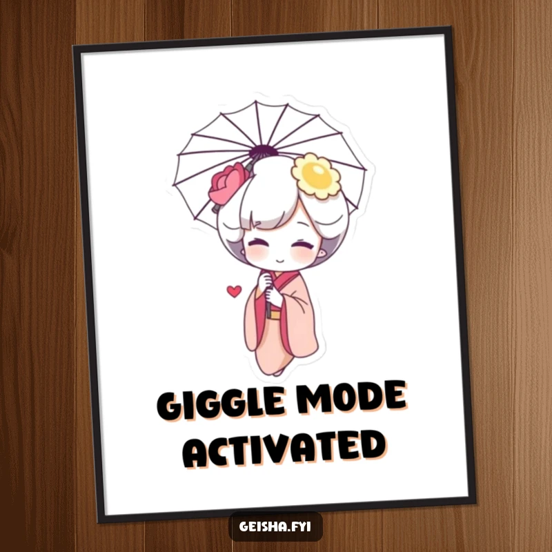 Funny Geisha Giggle Digital Art Print: a shy character giggling behind an umbrella, perfect for instant sweet and charming decor.