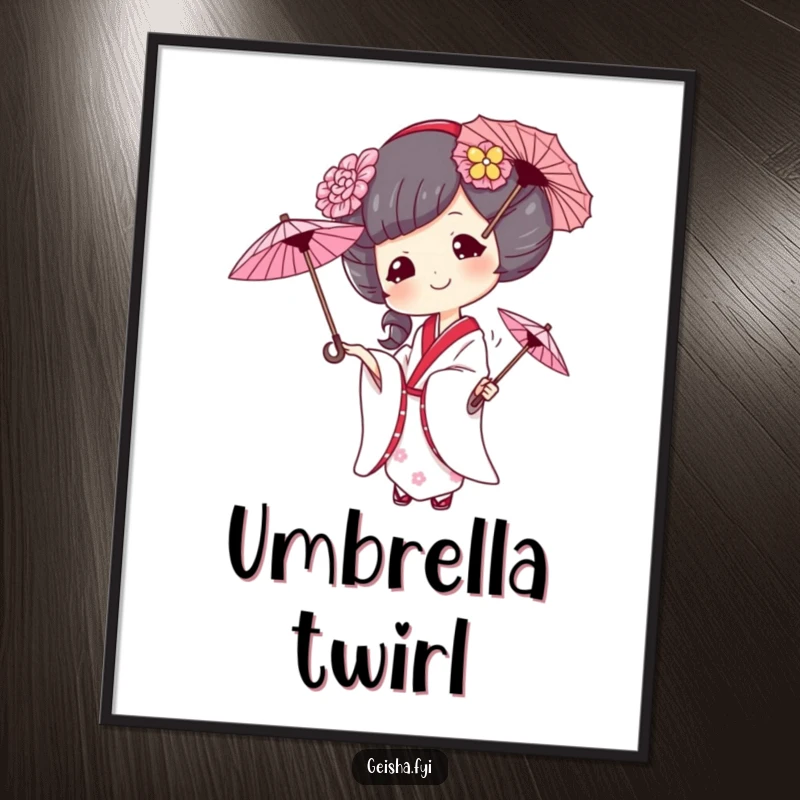 Funny geisha digital art print, a mischievous geisha juggles three umbrellas, bringing playful humor to any room.
