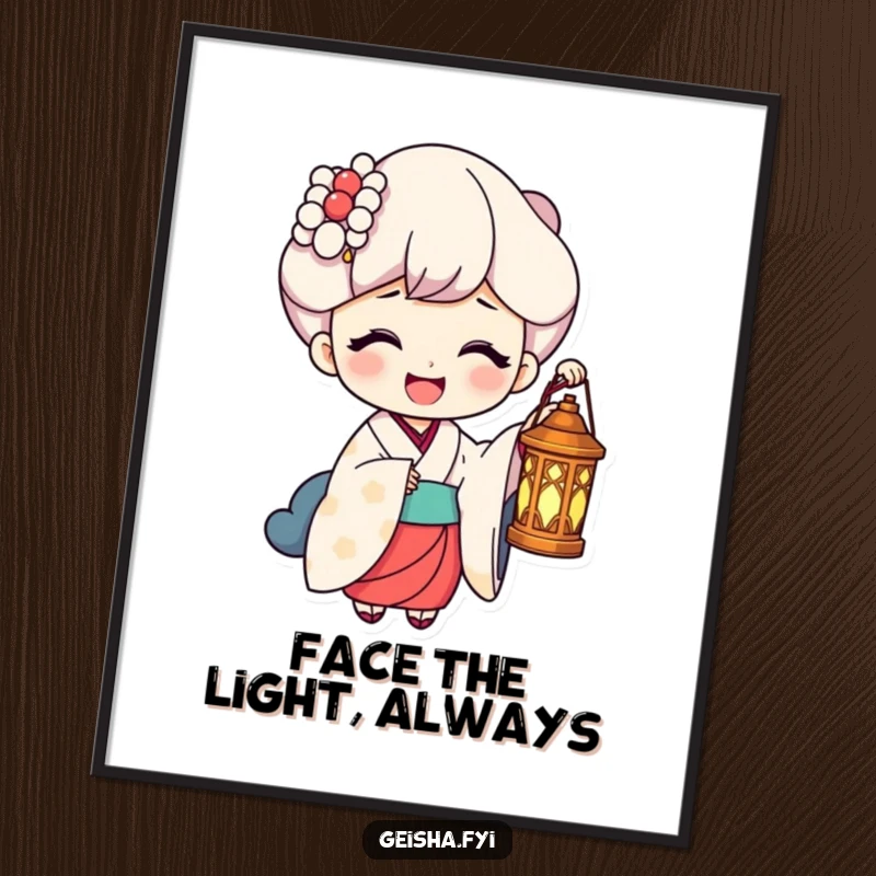 Funny Digital Art Print: A geisha holds a lantern, its light revealing a face filled with pure, radiant laughter.
