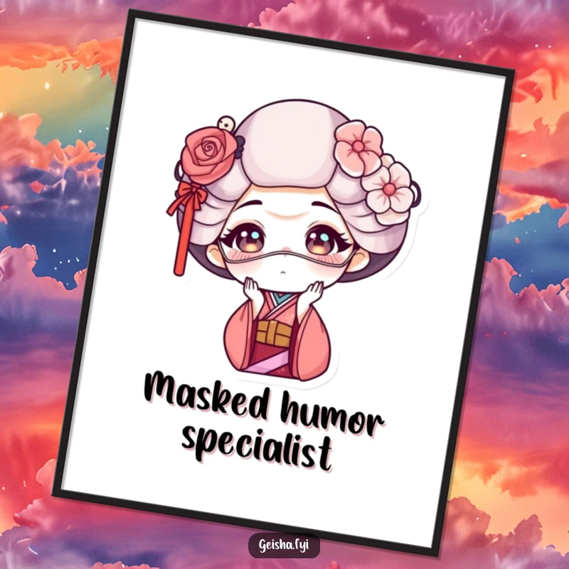 Funny geisha digital art print of a geisha making a funny face with a delicate mask, ready to print and hang.