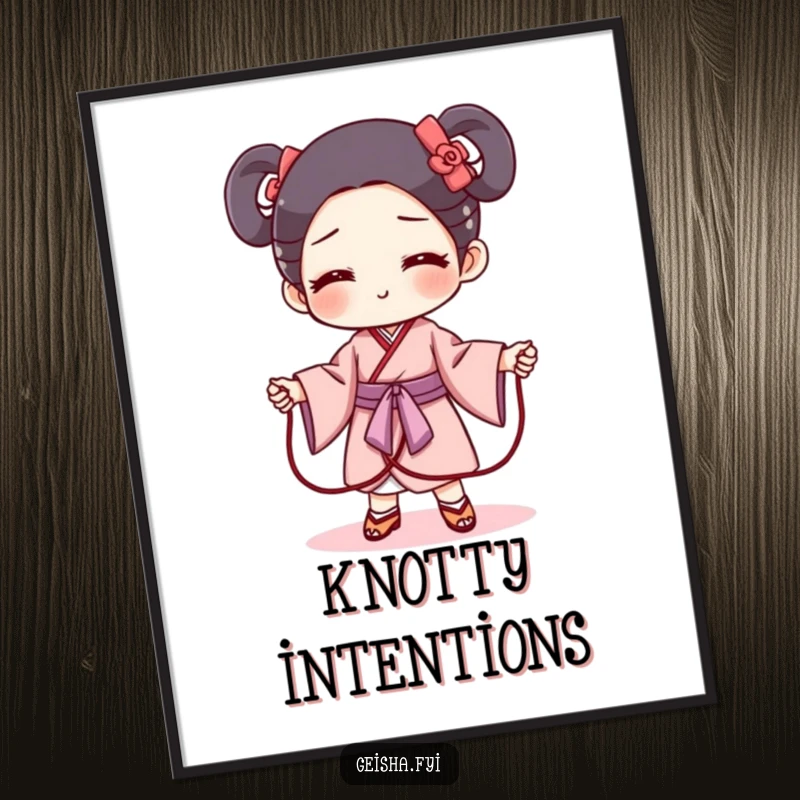 Funny geisha obi digital art print of a mischievous obi character as a jump rope. Playful, humorous, downloadable wall art.