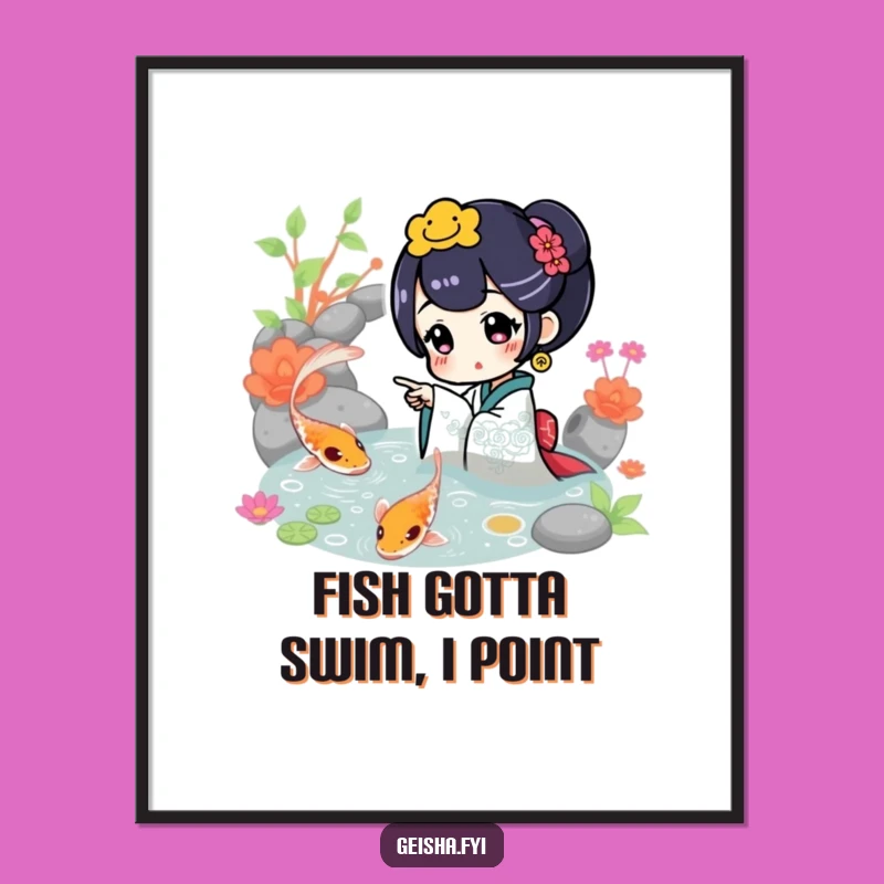Funny Geisha Points at Koi Digital Art: Instant Pond Tranquility for Your Walls Gift