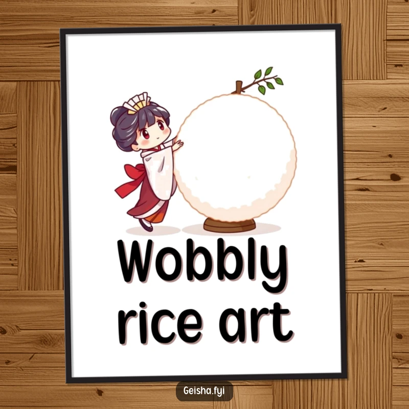 Funny Geisha Rice Ball Digital Art Print: a character humorously trying to balance a large, wobbly rice ball, perfect for instant funny decor.
