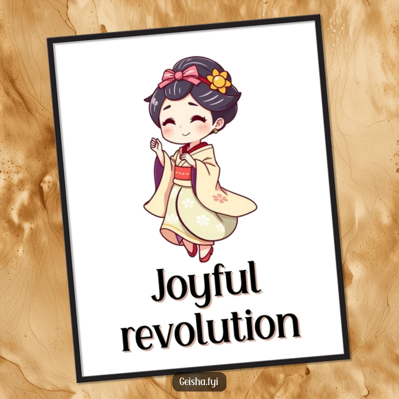 Funny Geisha doing a playful spin with a flourish, digital art with humor.