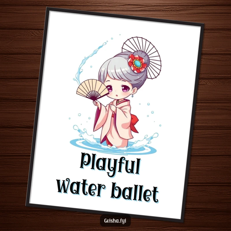 Funny Geisha Splashing Digital Art Print, a character playfully tossing water with a fan, bringing playful water fun to decor.