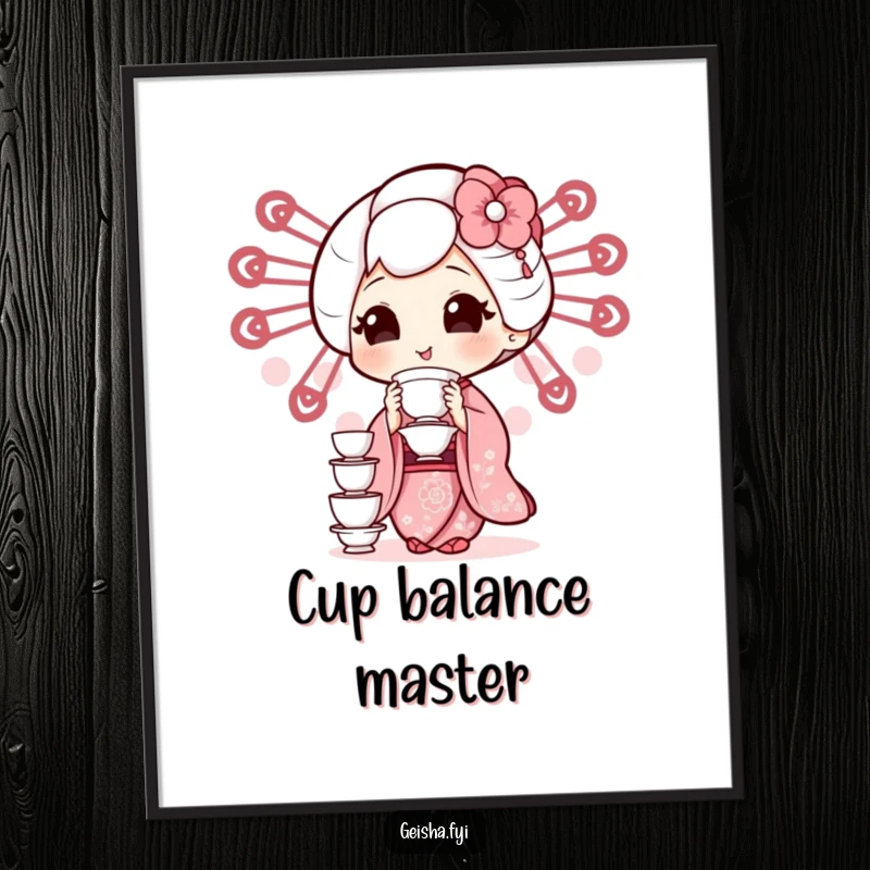 High-resolution digital art of a funny geisha character humorously balancing tiny teacups, perfect for printing.