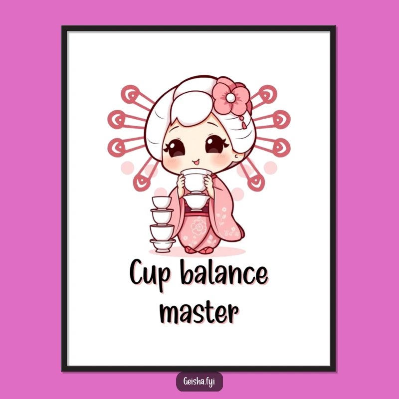 Funny Geisha Teacup Digital Art: Hilarious Balancing Act Printable