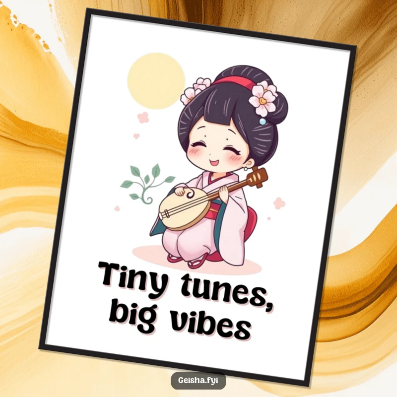 Funny geisha digital art print of a woman giggling intensely while playing a small shamisen, offering immediate humorous decor.