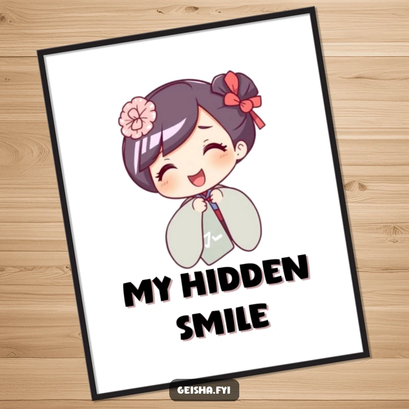 Funny digital art print of a giggling geisha character playfully hiding behind a decorative paper fan.