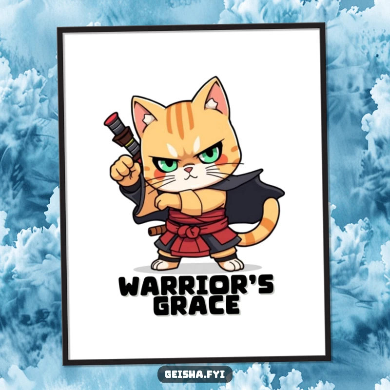 Funny Digital Art Print: A high-resolution image of a cat warrior in a dramatic, powerful pose, bringing instant warrior spirit home.