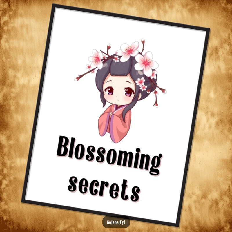 Funny digital art print of a shy geisha peeking from behind cherry blossoms, perfect for instant serene decor and as a humorous gift.