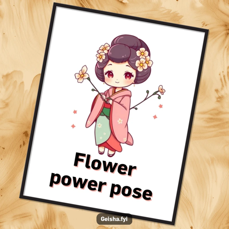 Funny geisha digital art print of a woman in a whimsical pose holding a flower, offering instant artistic beauty and playful elegance.
