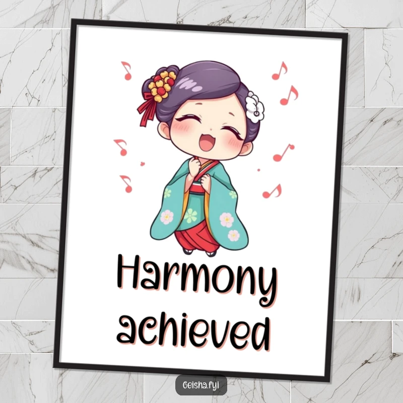 Funny Geisha Digital Art: A printable artwork of a geisha singing with delight, surrounded by musical notes, bringing instant cheer.