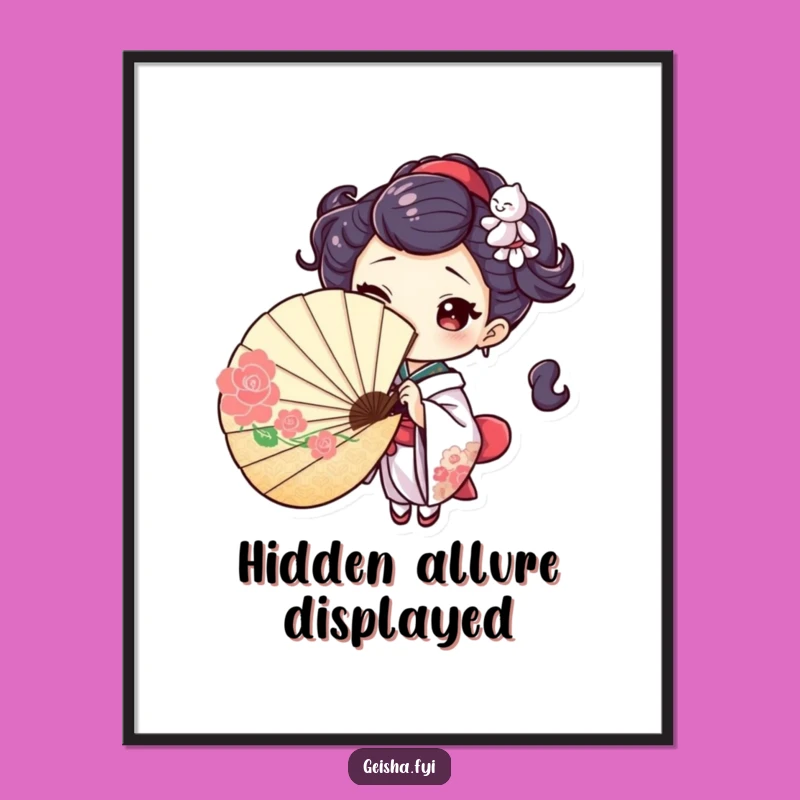 Playful Geisha Fan Digital Art: Wink Print, Mysterious Humorous Decor