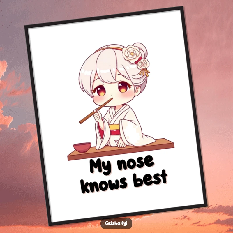 Funny geisha digital art print of a geisha balancing chopsticks on her nose, ready to download and display.