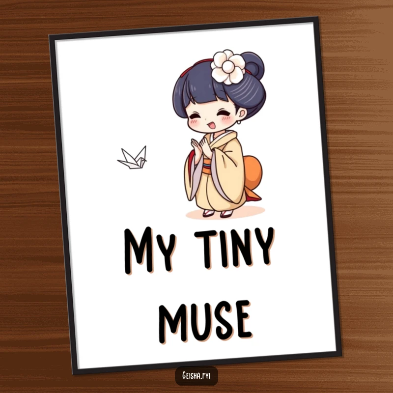 Funny Geisha clapping delightedly at a tiny floating paper crane, digital art with humor.