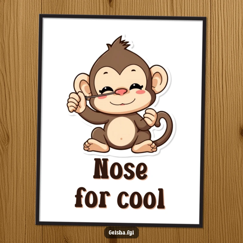 Funny cheeky monkey character digital art print balancing a fan on its nose, whimsical and mischievous for home decor.