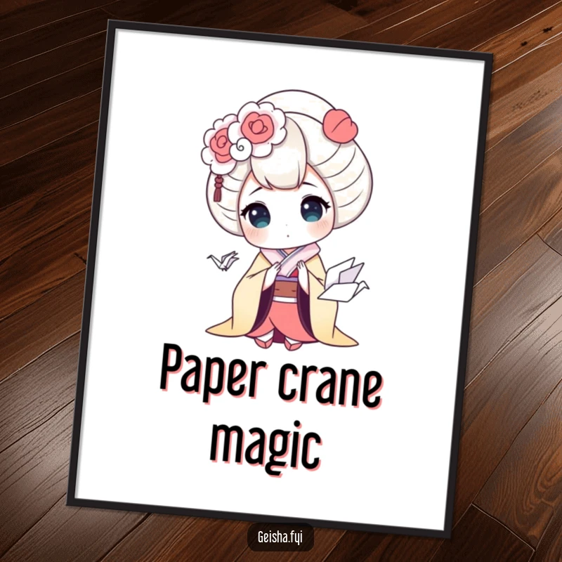 Funny geisha digital art print capturing a geisha character in humorous surprise over a tiny, cute origami crane, instantly downloadable art.