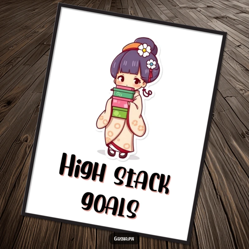 Funny geisha digital art, printable showing a character balancing colorful boxes with grace, ideal for instant elegant decor.