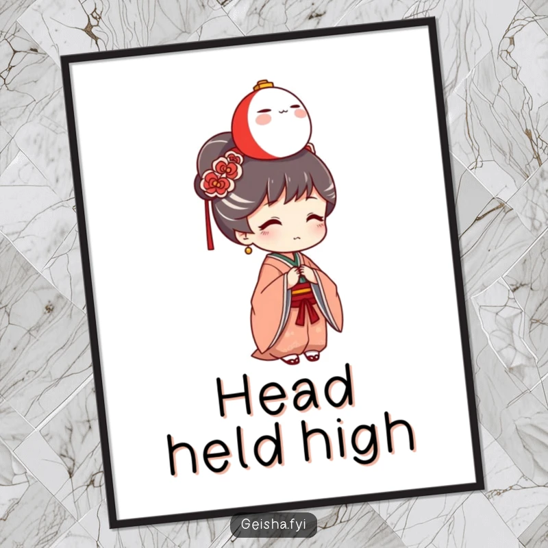 Funny Geisha Digital Art: A printable artwork of a geisha humorously balancing a miniature Daruma doll on her head, bringing joy.