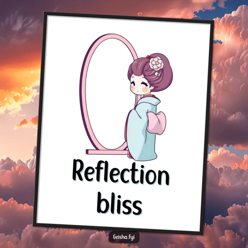 Funny geisha digital art print, a geisha happily admires her reflection in a mirror, promoting self-love and humor.