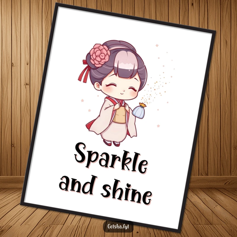 Funny geisha digital art, printable showing a character playfully sprinkling glitter, ideal for instant sparkly decor.