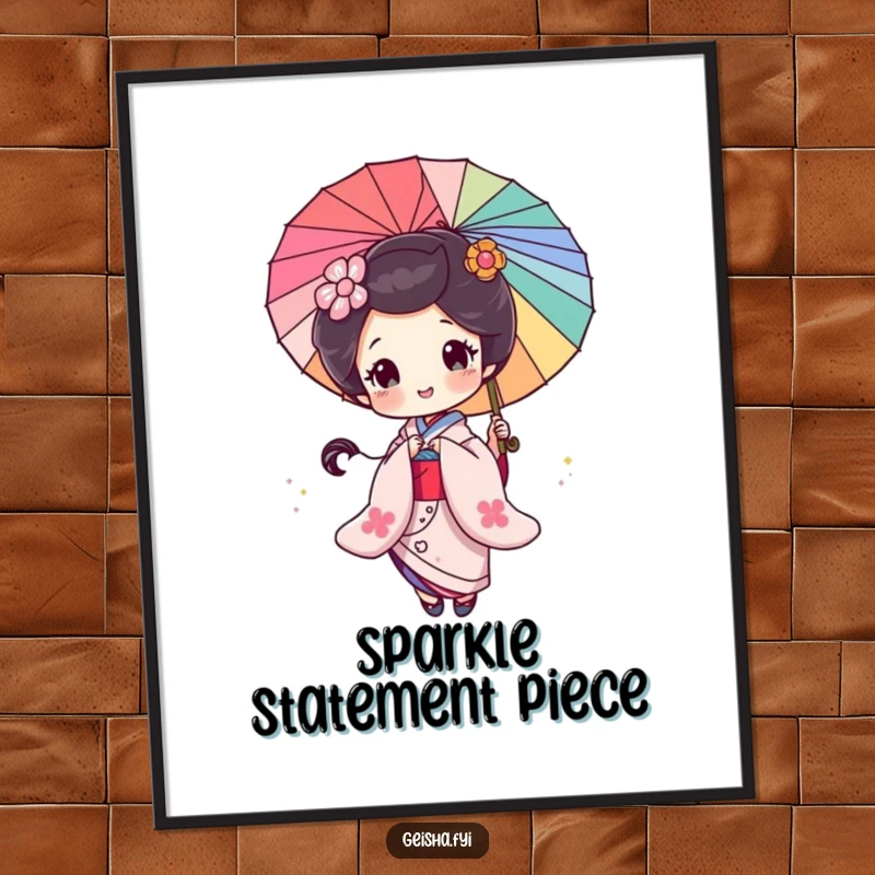 Funny Geisha Digital Art: A geisha character joyfully spins a glittery parasol, digitally rendered for instant download.