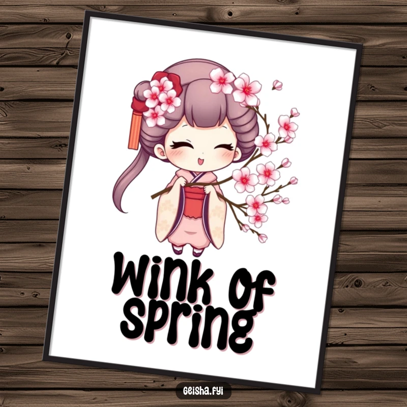 Funny geisha digital art print of a charming geisha winking while holding a cherry blossom sprig, ready to print and display.
