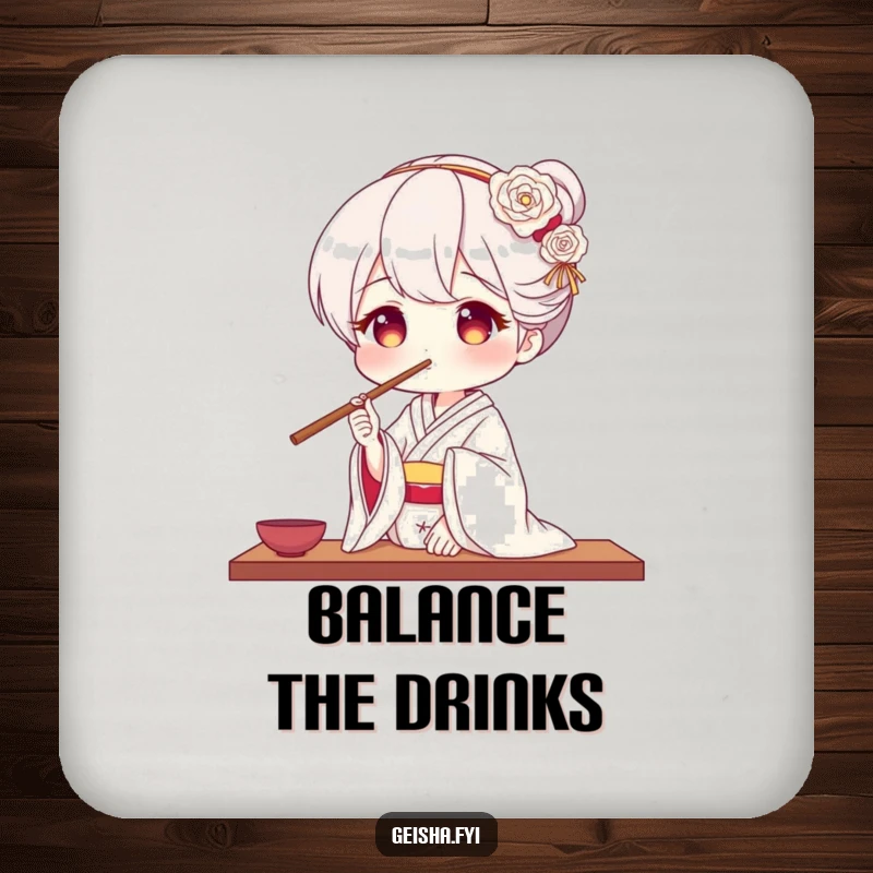 Funny geisha drink coaster featuring a geisha balancing chopsticks on her nose, adding artistic humor to any setting.