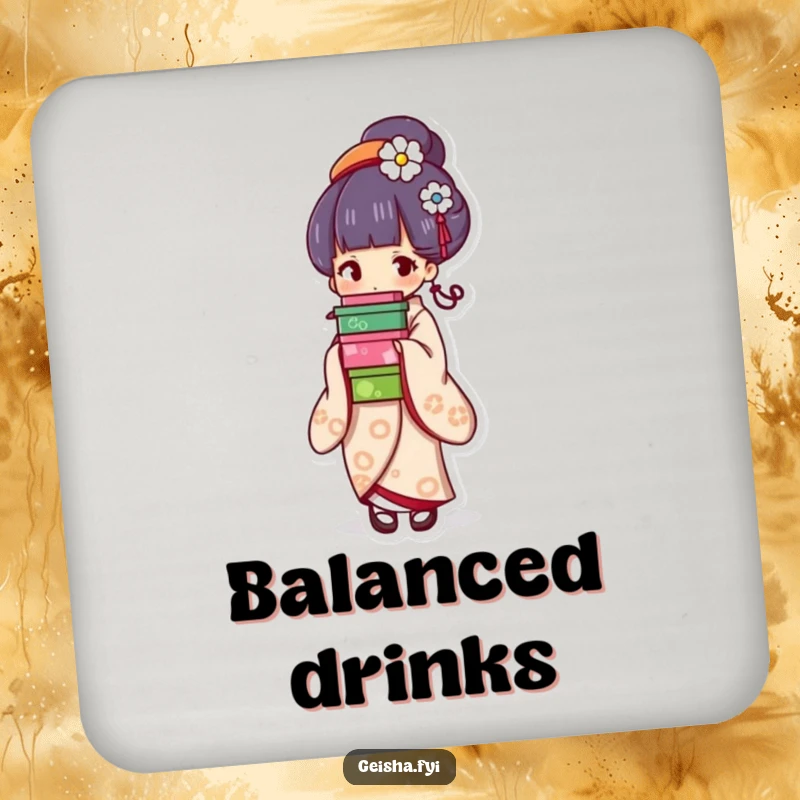 Funny geisha coasters, chic protection featuring a character balancing colorful boxes gracefully, perfect for humorous table decor.