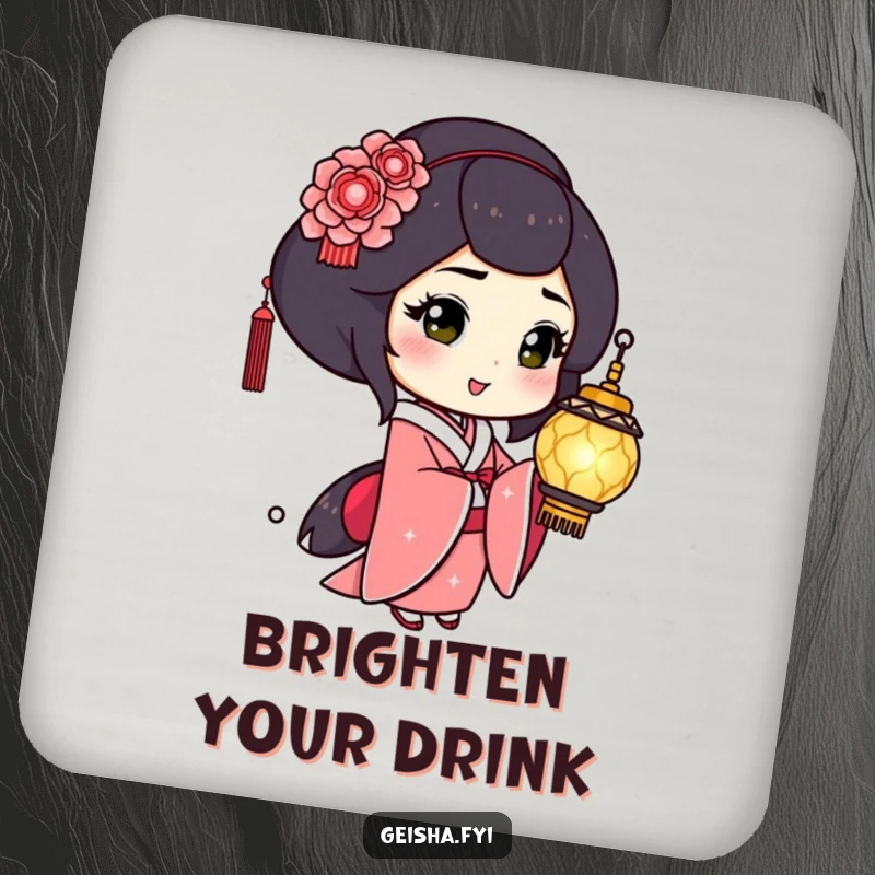 Funny Geisha Coaster: Playful character winks holding a shimmering lantern, a small but humorous protective accessory.