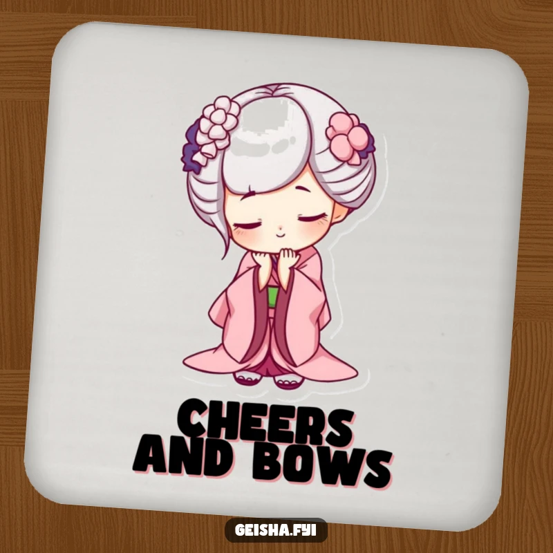 Funny geisha coasters, chic protection featuring a character bowing deeply with a mischievous grin, perfect for humorous table decor.